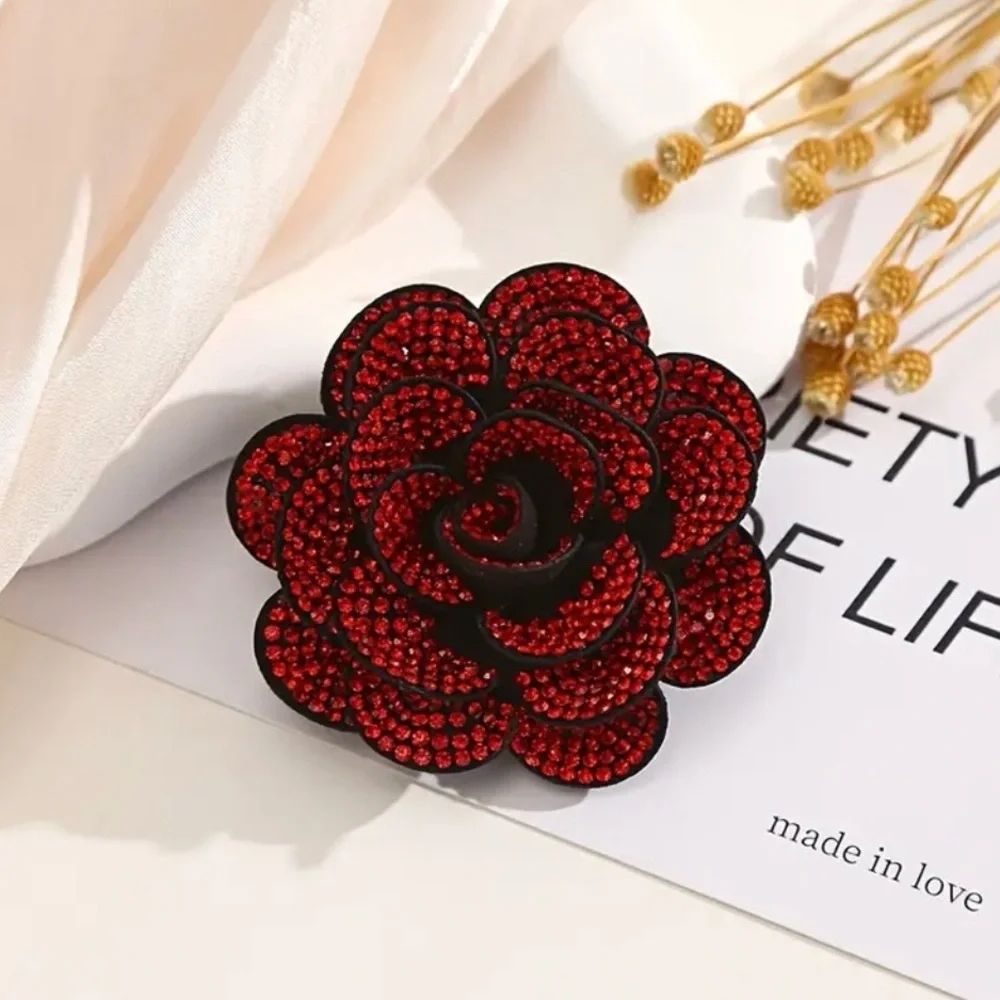 Red Rose Appliqué with Red Rhinestones, Elegant Accessory, 2.55” Sew-On
